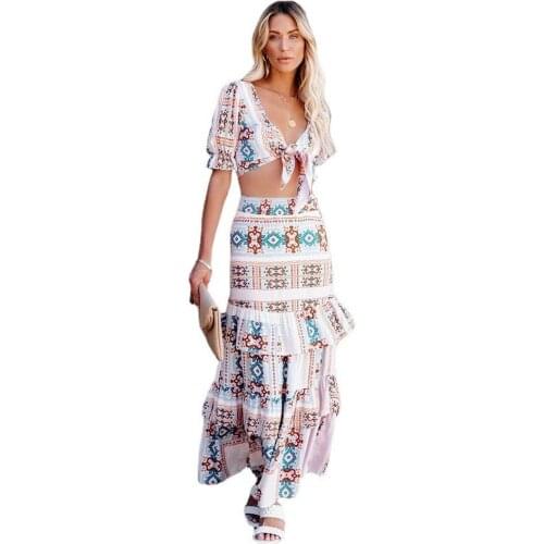 Donsignet Fashion Womens Clothing Sexy Bow Beachwear Bohemian Printing Skirt Sleeveless Short Top Two-piece Suit Women Clothes