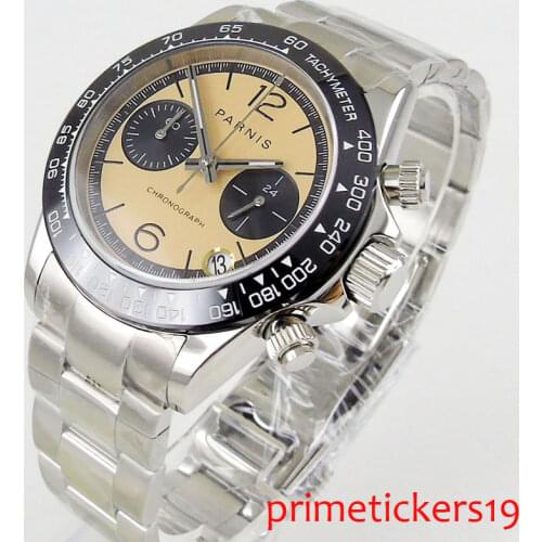 39mm PARNIS beige dial sapphire glass date full chronograph date adjust display quartz movement mens watch