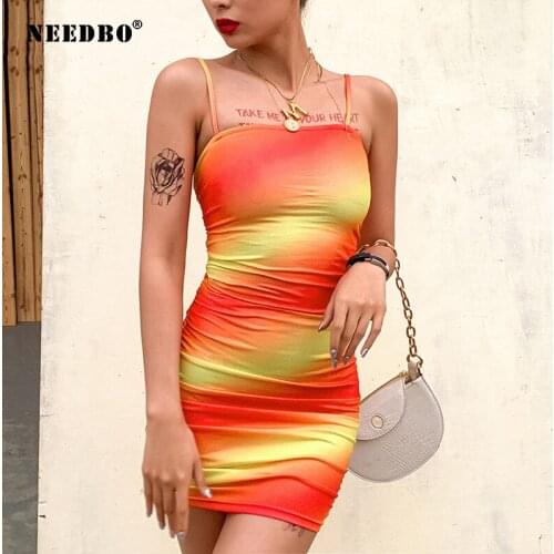 NEEDBO Womens Fashion Stripe Sling Mini Dress Summer Hollow Out Backless Lady Slim Hit Color Dress Clothing Street Casual Lady