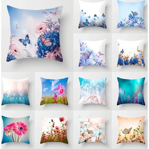 New Beautiful Butterfly Flowers Cushion Covers Rose Pink Blue Sky Pillow Cover Decorative Christmas Pillow Cover for Couch Sofa