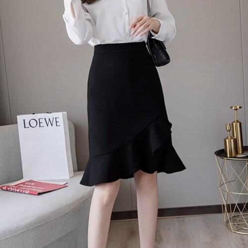 LUKAXSIKAX 2020 New Spring Autumn Women High Waist Slim Midi Skirt High Quality Fashion Solid Color Irregular Mermaid Skirt