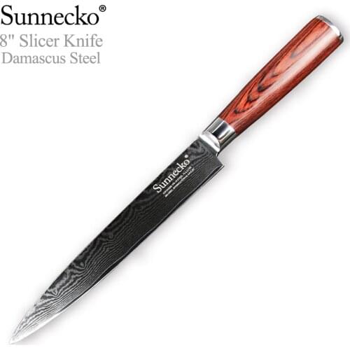 SUNNECKO 8'' Slicer Knife Japanese Damascus VG10 Steel Kitchen Knives Cleaver Knife Pakka Wood Handle Sharp Cooking Tools