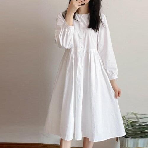 2021 Autumn Long Sleeve Mori Princess Fairy Dress Japanese White Kawaii Lolita Dress Soft Girl Elegant Solid Color Party Dresses