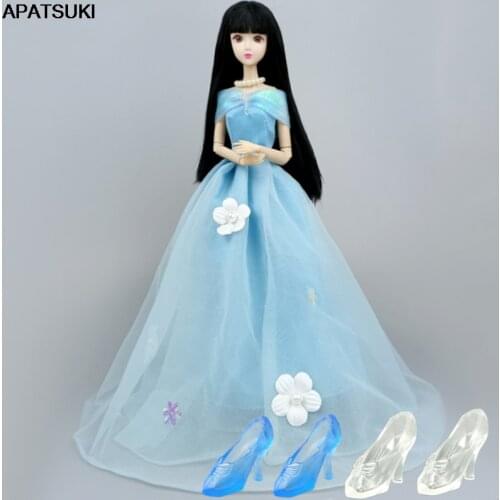 Blue Cinderella Crystal Shoes Flower Princess Dress For Barbie Doll Clothes Outfits Costume 1/6 Dolls Accessories Party Gown Toy