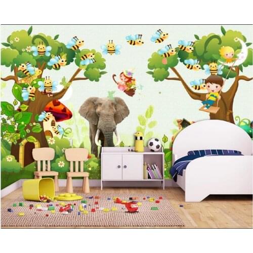 Custom photo wallpaper 3d mural wallpaper for walls 3d Beautiful cartoon fresh forest tree elephant kid room background wall