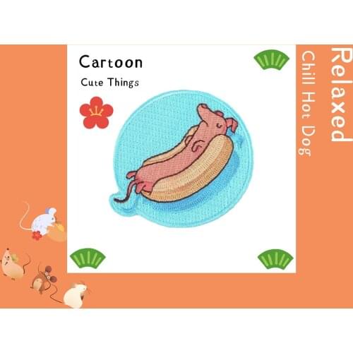 Relaxed Chill Hot Dog Embroidered Iron on Cartoon Patches for Clothes Decoration Stripe Appliques Cute Puppies Free Shipping