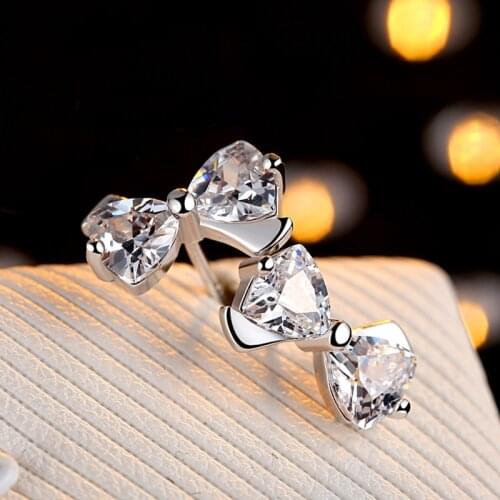 Luxury Female White Crystal Stone Earrings Classic 925 Sterling Silver Wedding Earrings For Women Cute Bridal Bow Stud Earrings
