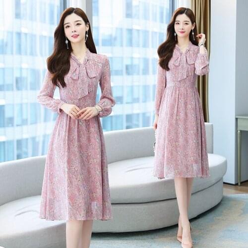 Pink Long Chiffon Women Floral Dress Autumn Spring Runway 2021 Y2k Korean Fairy Long Sleeve Vintage Elegant Boho Party Dresses