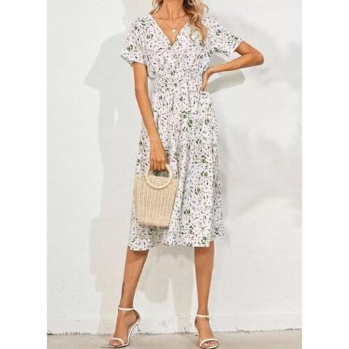 Sexy V-neck Floral Print Boho Beach Dress Summer 2021 Women Dresses White Short Sleeve A-line Midi Sundress Robe Ladies Dresses
