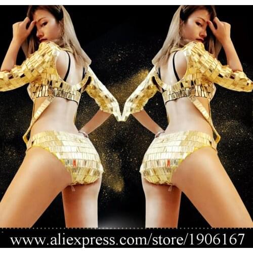 Sexy Lady Nightclub Bar Female Singer DS GOGO Mirror Costume Gold Color One-Piece Clothes Stage Ballroom Dance Suit Party D