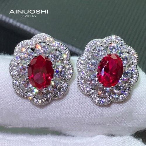 AINUOSHI Oval Cut 6x8mm Simulated Lab Created Ruby Double Halo Stud Earrings For Women 925 Silver Jewelry Gifts