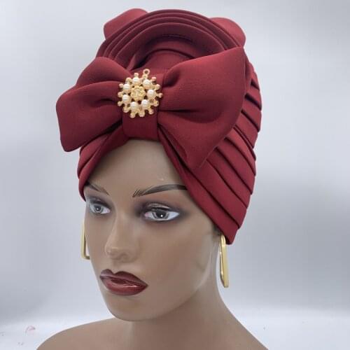 Bow-tie Turban Caps for Women Fashion African aso oke Headtie Nigerian Wedding Gele Muslim Headscarf Bonnet Female Head Wraps