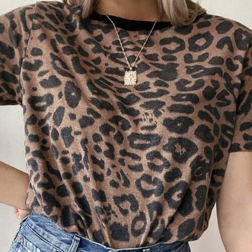 Leopard Print Top Round Neck Harajuku Style Slim Womens T-shirt Summer Short Sleeve Casual Tops Tee Streetwear 2021