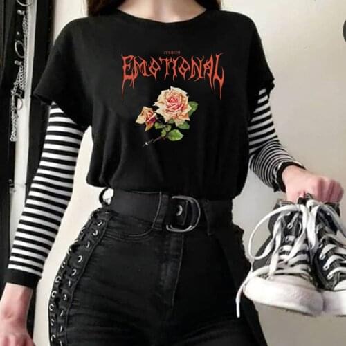 Kuakuayu HJN Emotional Rose Gothic Clothing Women T Shirt Floral Print Punk Streetwear Oversized Tshirt Grunge Aesthetic Clothes