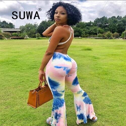 Tie Dye High Street Fashion Women High Waist Flare Leg Pants Trousers Sexy Party Night Club Elegant Bodycon Leggings Streetwear
