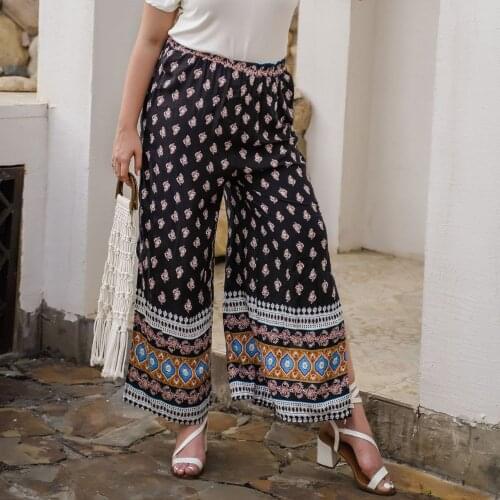 Womens fashion wide leg of pants Casual Printed Breathable Summer Trousers pocket Streetwear loose High Waist Womens Pants