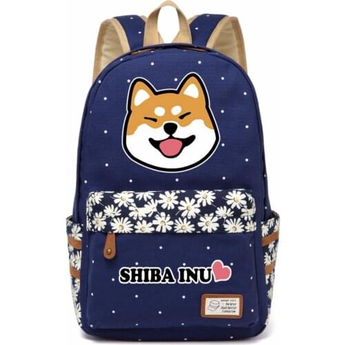 WISHOT Shiba Inu Corgi cute Kawaii Doge dog Backpack flowers shoulder Travel Bag for teenagers girls women Canvas dot school bag