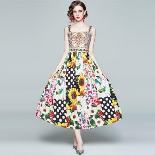 2021 New Summer Fashion Runway Women Holiday Dress Spring Summer Flower Print Chiffon Sexy Spaghetti Strap Dot Mide Sundress