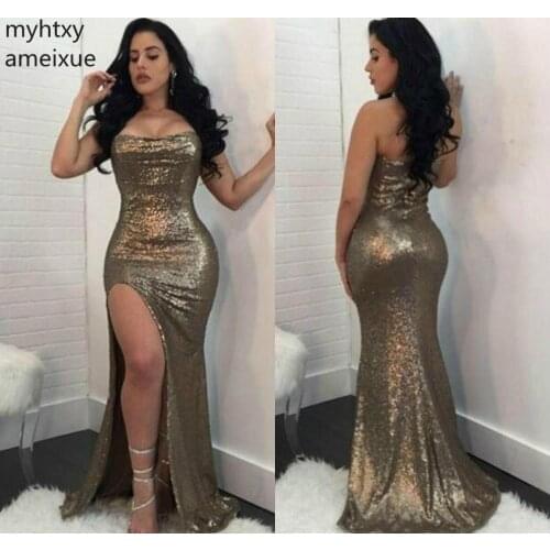 2020 New Arrival Sexy Formal Evening Dress Sweetheart Sweep Train Mermaid Sleeveless Floor-length Sequin Natural Hi Low Dress