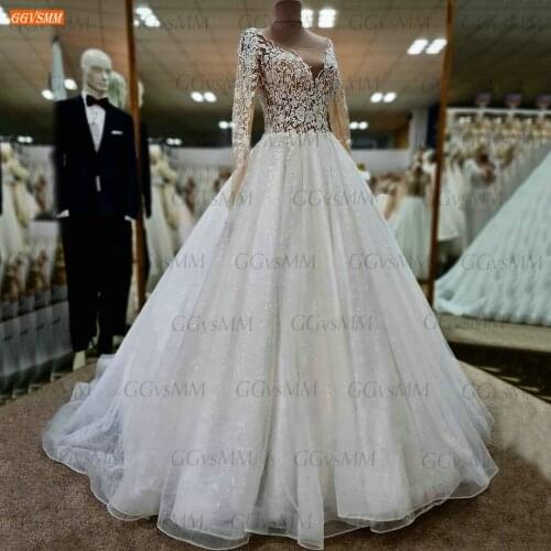 Glitter Ball Gown Wedding Dresses 2021 Long Sleeves Vestido De Noiva O Neck Lace Appliques Bride Dress Real Photos Suknia Slubna