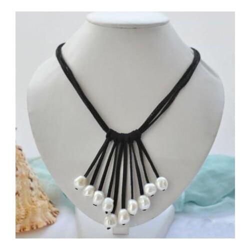 Elegant Handmade Real Pearl Jewelry 3Row 20'' 10-14mm White Baroque Pearl Black Leather Tassels Necklace