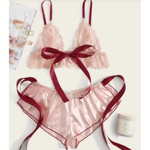 FUFUCAILLM Womens 2 Pieces Lingerie Set Sexy Bow Tie Sheer Lace Bralette Bra + Stain Shorts Nightwear Exotic Sets Sex Cosplay