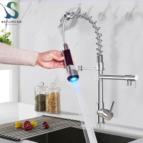 Chrome Kitchen Sink Faucet With LED Light Spring Faucet 360 Degree Rotating Nozzle Hot Cold Water Mixer Taps Deck Mounted