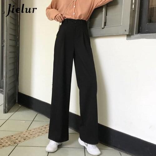 Jielur Women Wide Leg Pants Black Gray High Waist Casual Suit Pants Office Ladies Formal Loose Trousers Femme Pockets Pantalon