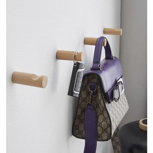 4pc Minimalist Beech Wood Small Wooden Wall Hook Wall Hanging Towel Handbag Hat Key Hook Equipped with Screws Stickers
