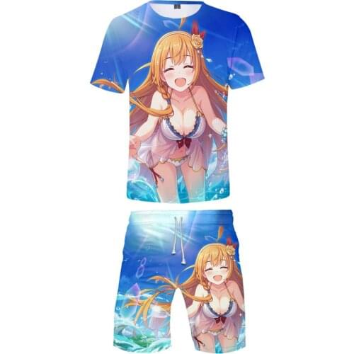 Princess Connect Re:Dive Summer Mens Sets 2pc Tracksuit Short Sleeve T Shirt and Beach Shorts Two Piece Set Casual Sportswears