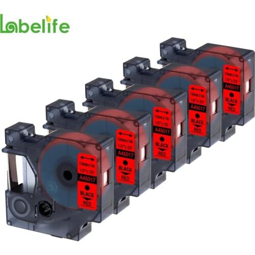 Labelife 5 Pack 12mm 45017 Black on Red Compatible Dymo D1 S0720570 Labelmaker Tape For Items in Household Fefrigerator/Freezer