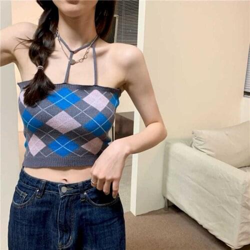 Summer y2k tank top vest sling corset vintage rhombus short umbilical sling slim female bottom all-match women crop top clothes