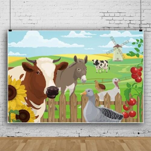 Cartoon Milk Cow Ranch Windmill Grassland Photo Background Prairie Farm Theme Newborn Baby Kids Birthday Backdrops Photography