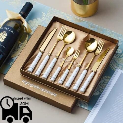 White Gold Cutlery Set Stainless Steel Dinnerware Set Ceramic Handle Tableware Dinner Spoon Fork Knife Chopsticks Dropshipping