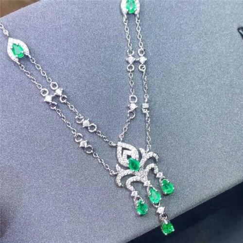 Natural Green Emerald Gemstone Necklace Pendant Genuine 925 Sterling Silver Flower Shape Pendants Fine Jewelry
