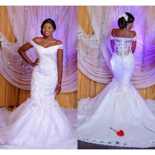 African Mermaid Wedding Dresses Off Shoulder Sweep Train Appliques Beads Garden Country Bridal Gowns vestidos de novia Customize