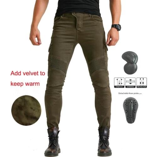 Casual army green and black overalls motorcycle jeans mens winter plus cashmere warm Moto riding pants with 4 PADS protection