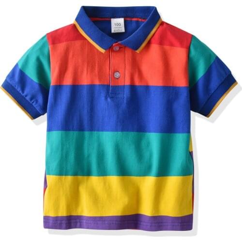 Kids Boy Summer Striped Polo Shirt Children Short Sleeve Pure Cotton Top Baby Clothes Rainbow Breathable Shirts
