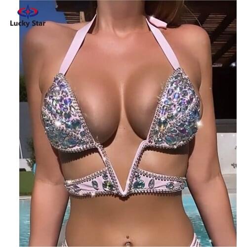 Sexy Iridescent Halter Crystal Swimwear Women Push Up Diamond Luxury Bathing Suits Bandage Female Swimsuits Bikinis