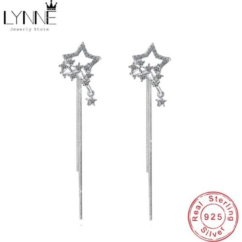 New Bohemia Long Tassel Zircon Drop Earrings 925 Sterling Silver Star Rhinestone Ear Stud Dual Use Pendant Earing Women Jewelry