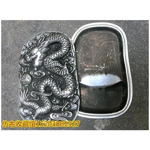 MOEHOMES+Chinese ancient Tibet silver dargon statue inkslab-Chinese calligraphy tool metal crafts home decoration inkslab