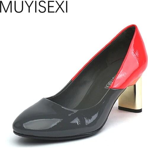 Women Pumps court Shoes 7 cm High Heel square Genuine Leather Round Toe Slip-On Office mixed colors combination HL78 MUYISEXI