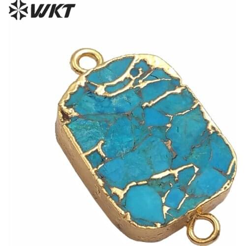 WT-C282 WKT Gold Electroplated Blue Vein Turquoises Double Hoops Connector Gold Electroplated Pendant For Jewelry Making