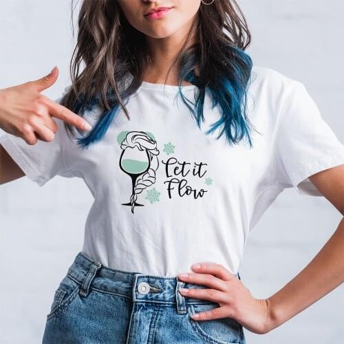 Disney Women T-shirts Kawaii Top Fashion Wine Glass Princess Petit Flow Letters Print T Shirts White Casual Summer New Products
