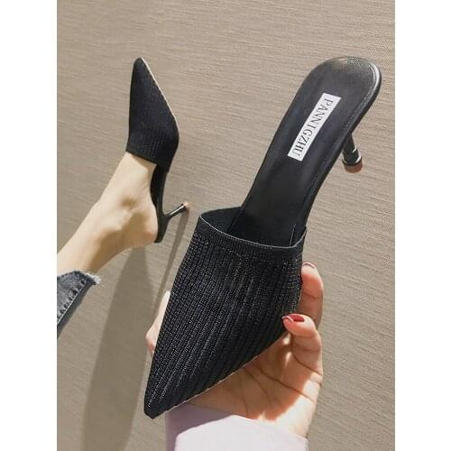 Womens Shoes Slippers Outside Wear Summer 2019 New Tip Elastic Knitted Fine-heeled High-heeled Shoes