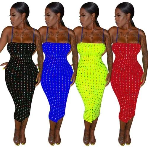 Luxury Colorful Diamonds Celebrity Night Party Dress Women Spaghetti Strap Strapless Backless Sexy Bodycon Dress Midi Vestidos