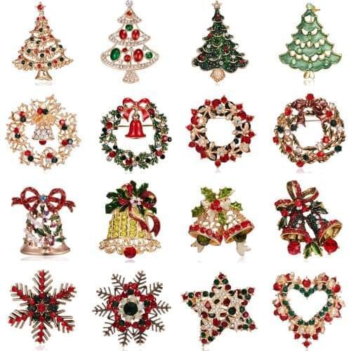 12 Styles Christmas Tree Wreath Bells Snowflake Brooches Delicate Shinny Crystal Rhinestone Pin Brooch For Women Christmas Gifts