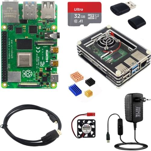Original UK Raspberry Pi 4 Model B 1/2/4GB RAM BCM2711 Option Case|32 GB SD Card|Switch Power | Micro HDMI | 9 Layer Case | Fan