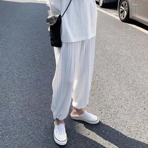 Summer Pleated Pants Men Clothing Fashion Solid Drawstring Casual Trouses Male Streetwear Wild Hip-Hop Loose Straight Sweatpants