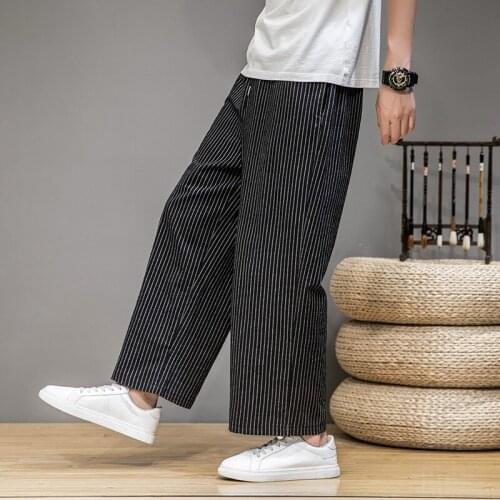 Summer Wide-leg Pants Male Chinese Style Striped Nine-point Pants Trend Large Size Loose Harem Trousers Men Streetwear Bloomers